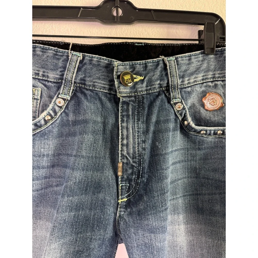 Crown Holder Straight Jeans Men 34 Blue Denim Cotton Beaded Embroidered Mid Rise